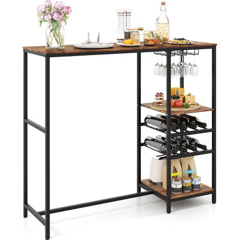 COSTWAY Bar Table 121cm Counter Breakfast Dining High Tables with Shelves-Brown (1/5)