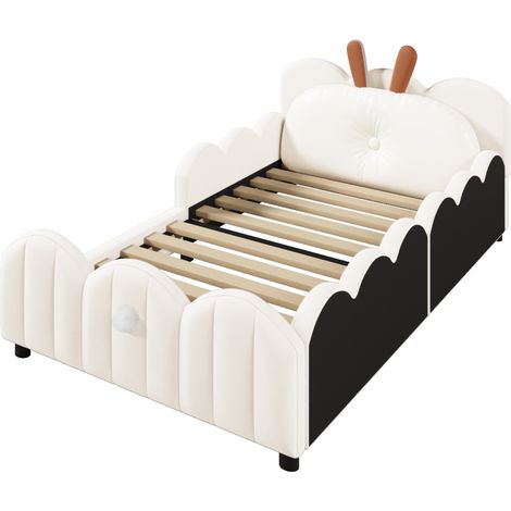 Lit plateforme rembourré 90x200 beige avec coussin en forme de lapin (1/5)
