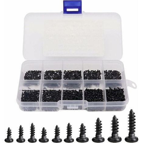 1000 Stück Mini-Selbstschneidschrauben mit Rundkopf (Phillips) für Holz, M1, M1,2, M1,4, M1,7, sortiert, hochpräzise Mikroschrauben, mit Kunststoffbox – Schwarz (1/4)