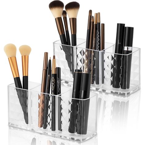 Lot de 2 organisateurs acrylique transparents, 3 compartiments, pour pinceaux, eye-liner et rouge à lèvres. (1/5)