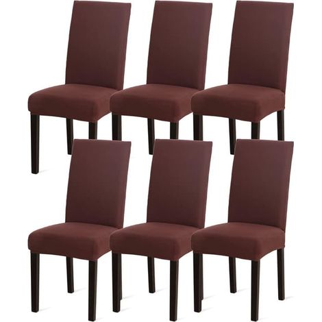 BelleRise - Lot de 6 housses de chaise en soie de lait, très élastiques, amovibles, lavables, pour salle à manger, marron (1/5)