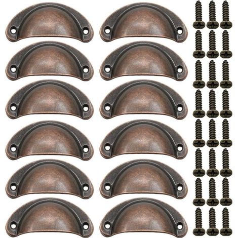 12 Tiradores de puerta con forma de concha, tiradores retro, tiradores tradicionales en forma de media luna con tornillos, para cajones, armarios y cómodas (bronce rojo) - Crezuo