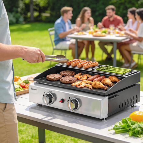 Barbecue gaz 5KW portable table 2 brûleurs grill revêtement laque céramique grille chauffante