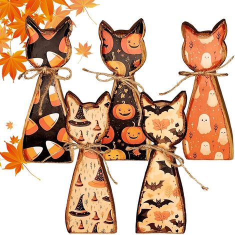 Set di 5 statuine vintage di gatti di Halloween a doppia faccia con piedistallo (1/5)