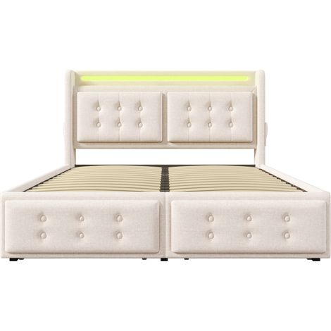 Lit coffre 160x200 cm avec tête de lit LED, USB-C et 4 tiroirs, beige, structure bois et métal (1/5)