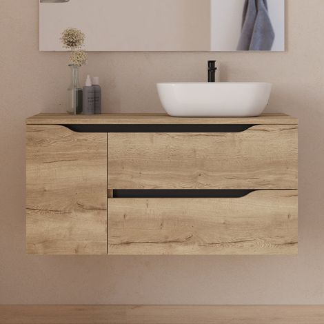 Meuble de salle de bain 100cm avec plateau et vasque à poser déportée à droite Zeus - sans miroir - 2 tiroirs et un placard - madera miel (bois clair) - ZARZA