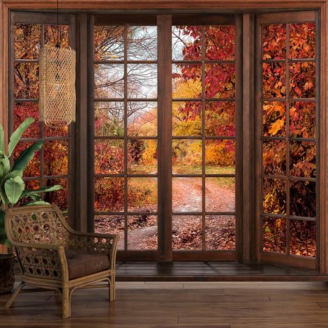 Papier peint panoramique Trompe l'oeil Fenêtre en bois - Chemin automne - 130 cm x 104 cm (1/5)