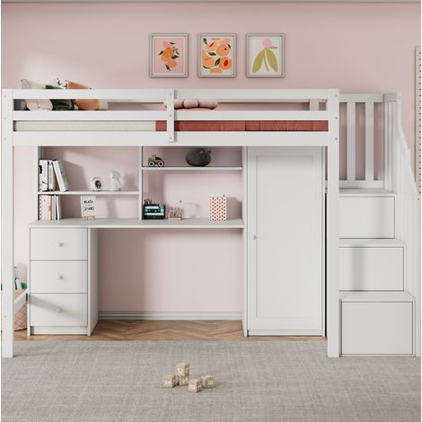 Kinder-Hochbett 90x200 mit Schreibtisch, Kleiderschrank, Stauraum und Treppe, weiß OKMYHOME (1/5)