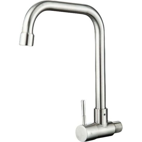 Moderne, wandmontierte Küchenspüle mit Kaltwasseranschluss, schwenkbarem Auslauf, Edelstahl.