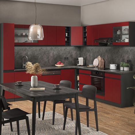 Cocina esquinera R-Line, Rojo/Antracita, 277 x 257 cm En forma de J, sin encimera, Vicco (1/5)