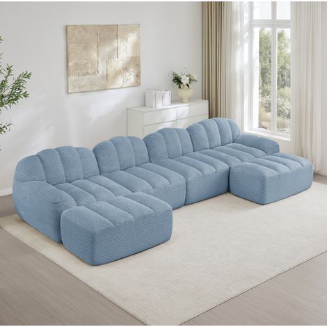 Canapé d’angle modulaire 4 places en tissu bleu, forme ergonomique, modules flexibles avec ottoman, sans montage – de FLORAGRACE idéal pour salon (1/5)