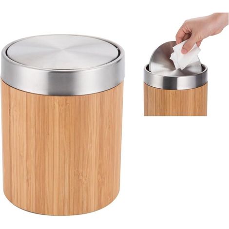 Mini Poubelle, 1.3L Poubelle de Table, Coque Coquille Acier Inoxydable Brossé, Fût 100% Bambou Naturel, Pour Salle de Bain, Chambre, Cuisine, Bureau, Coiffeuse, avec ses sacs dédiés (1/5)