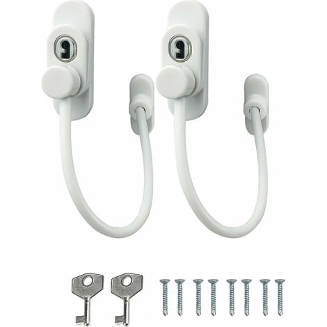 Lot de 2 verrous de sécurité auto-adhésifs pour portes et fenêtres, limiteurs de câble avec clés, boucle de protection et support de câble pour réfrigérateur (blanc)