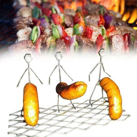 Support de barbecue avec trois personnages amusants, grille de rôtissage pour saucisses, support métallique pour barbecue d'extérieur-AquaForge (1/4)