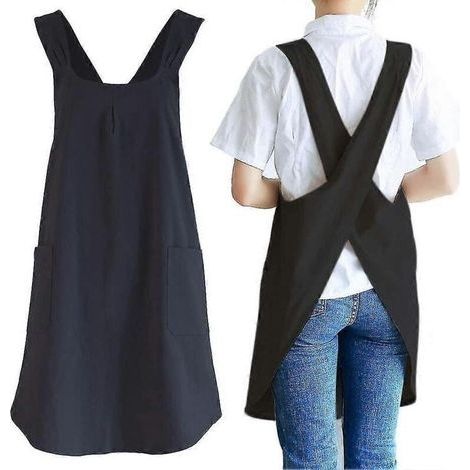 Tablier de cuisine japonais en lin, dos croisé, avec poches, pour homme, idéal pour la pâtisserie, la peinture, le jardinage et le ménage (noir). (1/4)