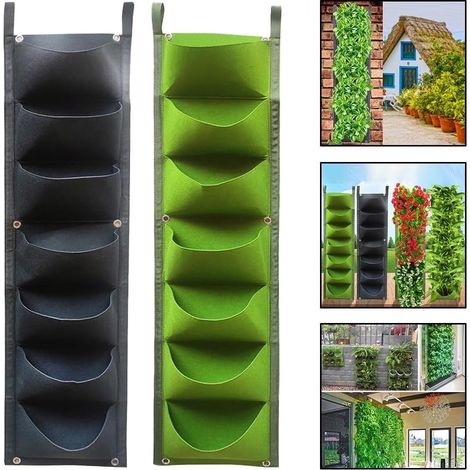 Sollbry 2 sacs de plantation muraux,7poches à suspendre au mur,sacs de culture pour extérieur et intérieur,jardinage vertical pour fleurs vertes (noir,vert) (1/5)