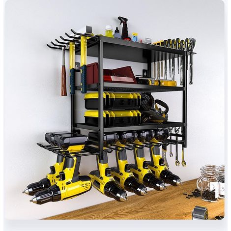 Support peinture murale en métal robuste pour outils électriques – Étagère de rangement 4 niveaux – Organisateur garage/atelier – Optimise l’espace, tient perceuses et batteries – Idéal industriel – F