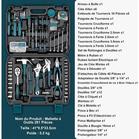 Boite a Outils Caisse a outil Malette Outils Ensemble de Clés à Douille Ensemble de Tournevis Clé Hexagonale Métrique Pinces (1/4)