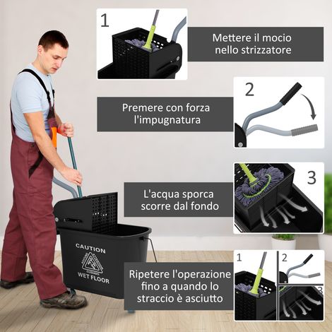 Cubo compacto para fregar de 20 litros con ruedas y panel separador de agua - Negro