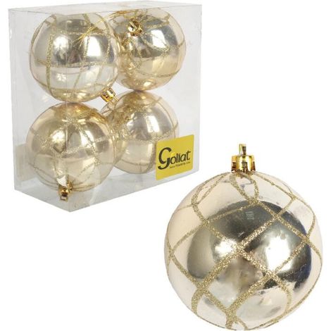 Juego de 4 adornos navideños de plástico de 8 cm - Dorados con purpurina (1/4)