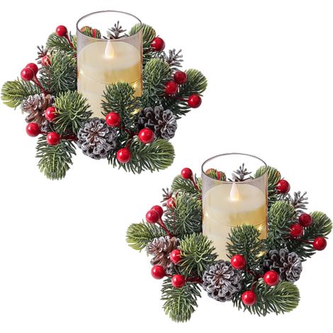 Lot de 2 anneaux de bougie de Noël - Décoration de table - Couronne de l'Avent - Couronne de Noël artificielle - Couronne de sapin - Anneaux de bougies pour bougies à tige - Décoration de Noël (l x 2) (1/5)