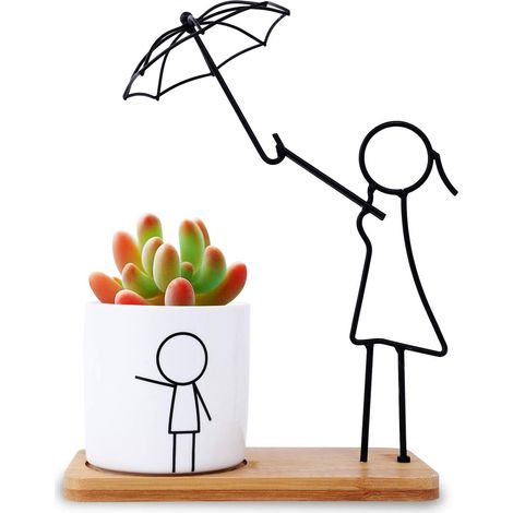 Pot de fleurs en céramique pour plantes succulentes avec plateau en bambou, cadeau décoratif idéal pour la maison ou le bureau, parfait pour les plantes (1/4)