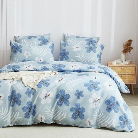Bettwäsche-Set 135x200 cm Blumenmuster Hellblau Mikrofaser mit Kissenbezug 80x80 cm