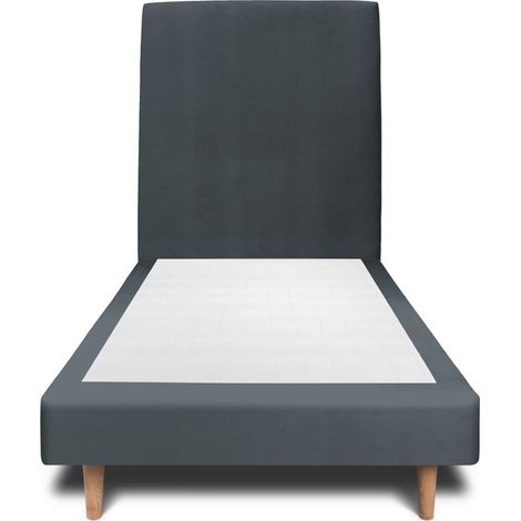 Lit 90x200cm avec tête de lit tapissier velours et sommier tapissier gris anthracite - Hauteur totale : 29cm (1/4)