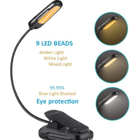 Leselampe mit 9 LEDs, USB-aufladbar, 9 Helligkeitsstufen und 3 Farbtemperaturen, 360° flexibler Hals, ideal für Bett, Buch, Nachttisch und als Leselampe.