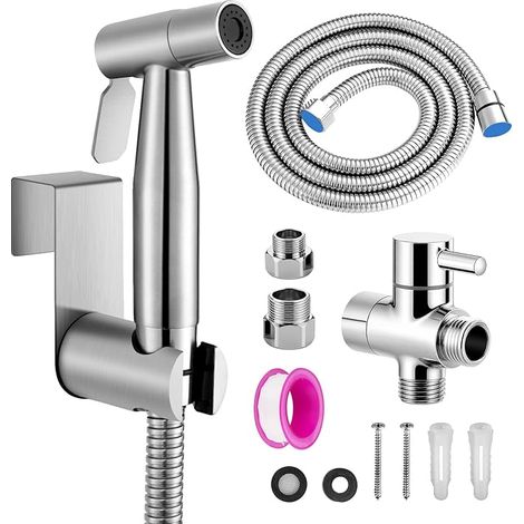 Douchette Toilette, WC Kit Complet,Kit WC, Pulvérisateur Pour l'hygiène Personnelle Quotidienne, Pomme de Douche Toilette avec Tuyau, Adaptateurs G1/2' et G3/8', Argent (1/5)