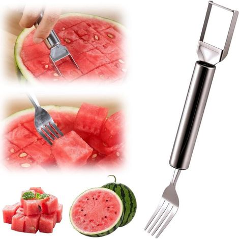 Fourchette à pastèque 2 en 1, couteau à fruits en acier inoxydable pour mangue, melon, pastèque, camping, pique-nique, maison (1 pièce) (1/4)