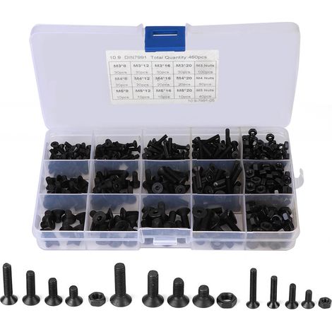 460-teiliges Sechskantschrauben-Set, schwarz, Flachkopfmutter, Kohlenstoffstahl, Kombinationsbox, M3, M4, M5 (1/5)