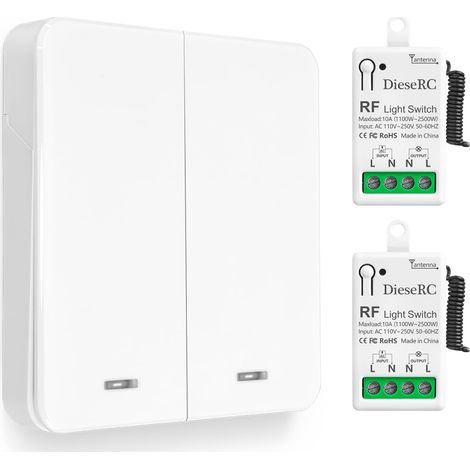 Interruptor de luz inalámbrico, interruptor transmisor RF para panel de pared tipo 86 y controlador-receptor de relé de 10 A, para luces de hasta 1500 W. (1/5)
