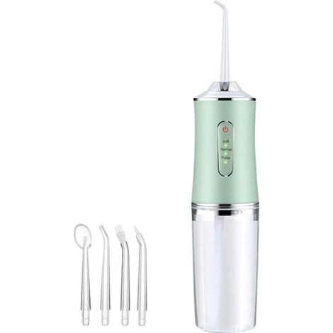 Brossette dentaire électrique verte, irrigateur buccal portable avec 4 buses pour nettoyage des dents à domicile. (1/5)