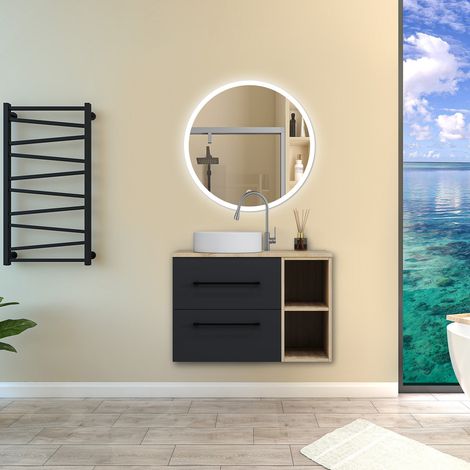 Biubiubath Ensemble meuble de Salle de Bain Suspendu avec Vasque + 2 Rangements Ouverts, 80x46x52cm, Rond Miroir LED