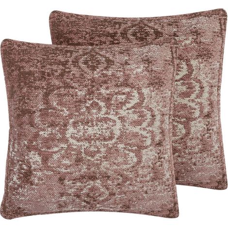 Set of 2 Decorative Cushions Pink Oriental Pattern 45 x 45 cm Distressed Vintage Glamour Decor Accessories VAKAYAR