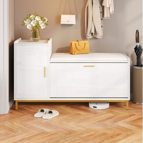 Mobile scarpiera con seduta 100 x 38 x 68 cm, 2 livelli, contenitore, bianco e oro (1/5)