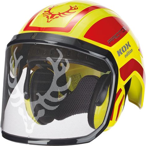 KOX – Casque forestier PROTOS® avec visière intégrale – Norme EPI – Haute visibilité jaune fluo/rouge – Protection auditive pour conditions extrêmes