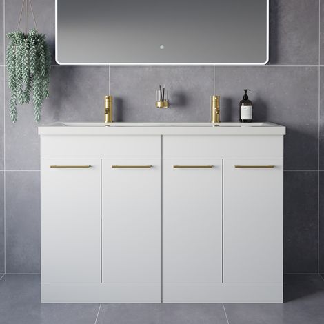 Napoli 390 Gloss White 1200mm 4 Door Vanity Unit with Double Glide Basins - 1200mm - Brushed Brass 160mm Handle