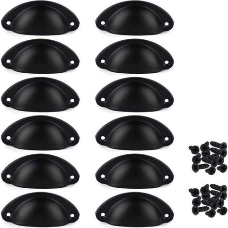 YMYNY Lot de 12 Poignées de Tiroir Vintage, Poignées de Meubles Traditionnelles en Demi Lune, Poignées de Coquille pour Placard, Armoire, Commode, Noir, Vis incluses