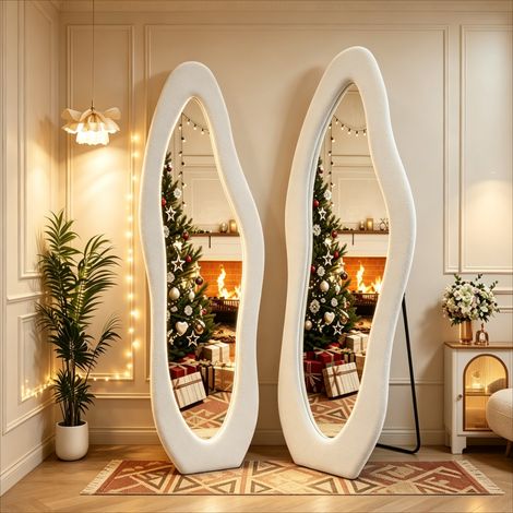 VASIEN – Miroir sur pied asymétrique 160x50 cm,Miroir pleine longueur,cadre rembourré en flanelle blanc,Sur pied ou mural,avec support pour salon,chambre et dressing (1/4)