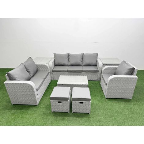 Fimous Patio PE Wicker 8 Seater Outdoor Rattan Furniture Sofa Sets with Rectangular Coffee Table Reclining Chair Loveseat Sofa 3 Seater Sofa Stool 2 Side Table Light Grey (1/4)
