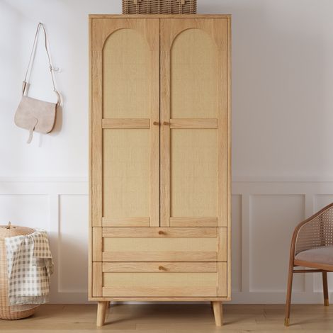 Armario de dormitorio - 80 x 50 x 180 cm - ropero con barra para colgar, estantes de almacenamiento, 2 cajones, efecto ratán, estilo boho, mdf - natural (1/5)