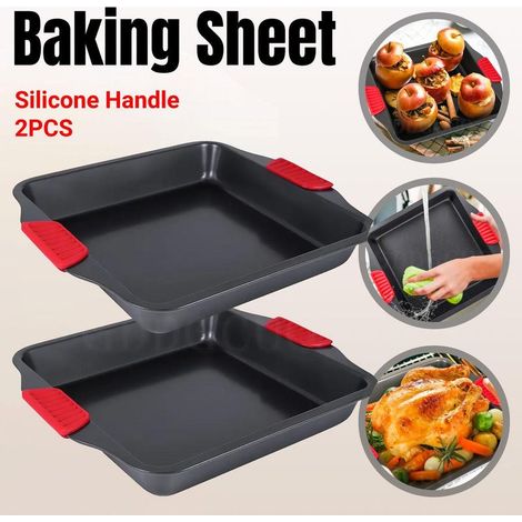 Lot de 2 plaques de cuisson avec poignées en silicone, antiadhésives, faciles à nettoyer et sûres.