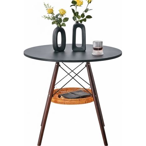 ELVMI Tavolo da pranzo rotondo per 2-4 persone con cestino sospeso, MDF e legno massello, nero e noce, diametro 80 cm (1/5)