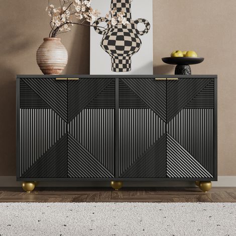 Comanlai - Buffet Enfilade 4 Portes Sculptées - Meuble de Rangement Salon avec Étagères Réglables et Pieds Boule - Noir (1/5)
