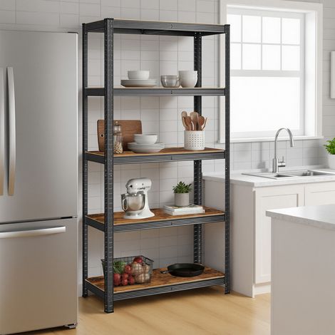 Étagère de rangement, bibliothèque, 5 niveaux, étagère de cuisine, étagères réglables, Marron et noir (1/5)
