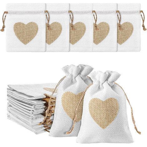 20 petits sacs en jute (8 x 10 cm) décorés de cœurs, parfaits pour offrir des cadeaux, des bonbons ou du rembourrage. Ces sacs en lin sont idéaux pour les mariages, les fêtes et autres occasions spéci (1/5)