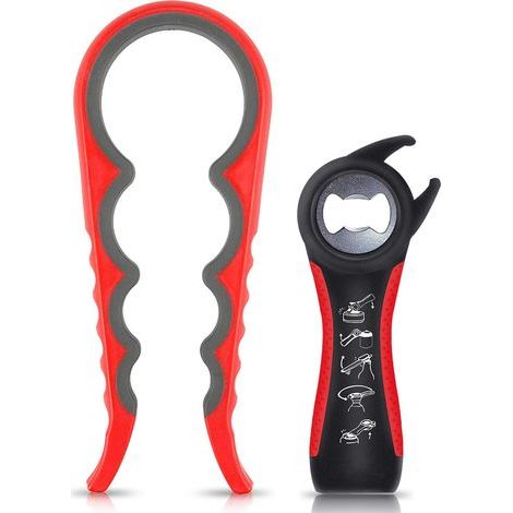 Ouvre bocal, Ouvre bouteille 2 pièces, Bottle opener 5 en 1,Ouvre canette 4 en 1, Ouvre bocal manuel, Ouvre-bouteille, can opener idéal pour les mains faibles personnes âgées et l'arthrite(Noir) (1/4)