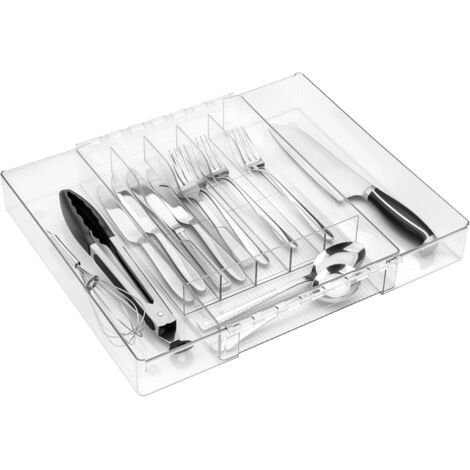 Organiseur de tiroir à couverts extensible en plastique pour cuisine, organisateur ustensiles transparent réglable couteaux, fourchettes, cuillères, 21,5-38,5 x 33,5 - (1/5)